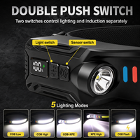Lampe frontale rechargeable COB XPE LED avec capteur de mouvement, affichage numérique de la puissance, type C, résistante à l'eau, 350 lumens, double source de lumière