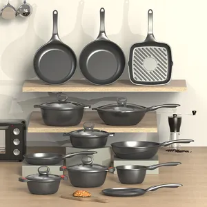 Set panci masak aluminium antilengket, peralatan masak rumah klasik, panci masak lempar, aman, pencuci piring, abu-abu