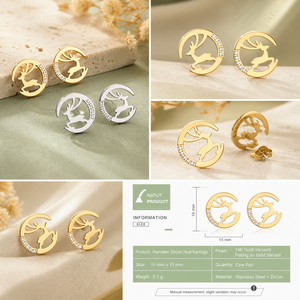 Boucles d'oreilles clous en zircon motif renne, en acier inoxydable plaqué or 14K sous vide, or et argent, pour les fêtes, 16mm - Product Image 4