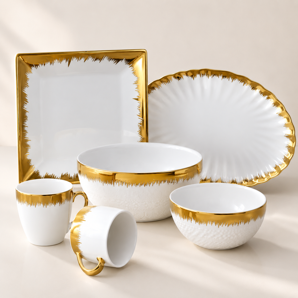 14Pcs Lotus Gold Rim Soup Bowl Set