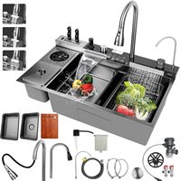 Évier de cuisine de luxe carré en acier inoxydable noir, grande capacité avec distributeur de savon et lave-verre