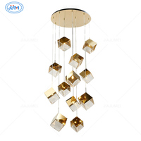 Lustre en cristal LED suspendu réglable en hauteur, style géométrique cube, pour escalier, duplex, salon, hall d'hôtel