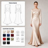 Robe de soirée sirène en satin champagne pour femme, col bateau, manches longues, taille drapée, longueur ras du sol, pour occasions spéciales - Fournisseur