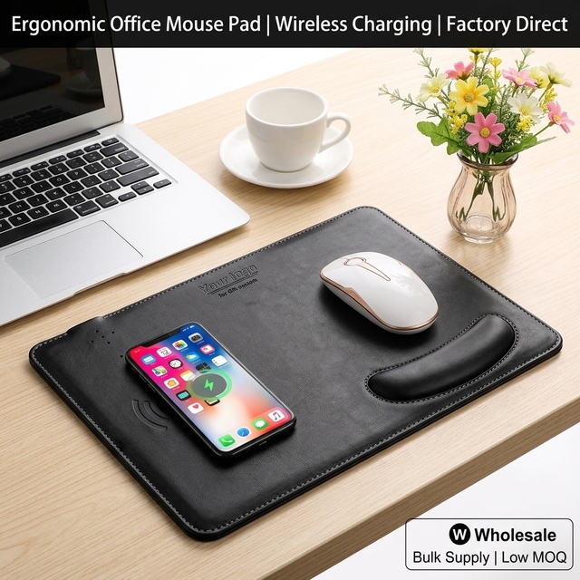 Customizable Wireless Charging Mouse Pad with Ergonomic Wrist Rest, PU Leather, Low MOQ Bulk Supply