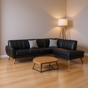 Divano Componibile a L in Ecopelle Nera, Design Moderno Mid-Century, Arredamento per Soggiorno con Gambe in Legno e Schienale Trapuntato - Product Image 2