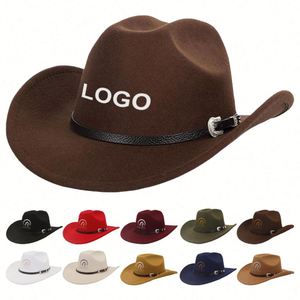 New Style Retro Western Cowboy Hat Wide Brim Men Wholesale Custom Felt Wool Fedora Hats With Logo - Product Image 1