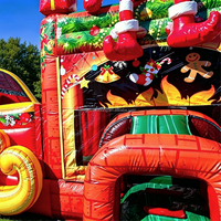 Château gonflable commercial extérieur pour enfants, thème Noël, avec toboggan et luge du Père Noël, combo château rebondissant et toboggan gonflable