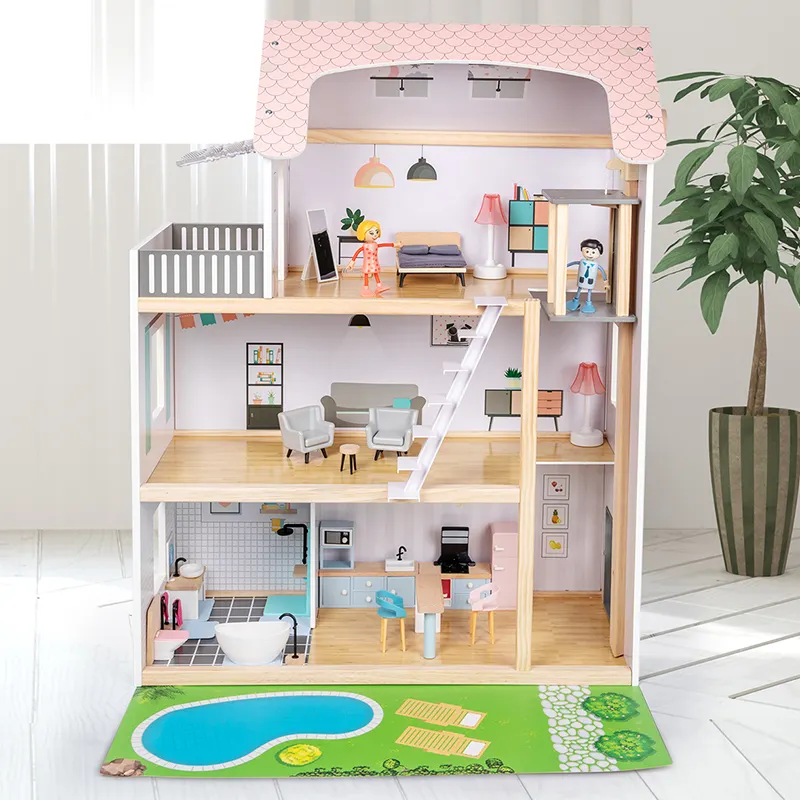 Simülasyon üç katlı bebek evi ahşap Dollhouse 2 oyun figürleri ve mobilya