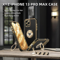 Étui en TPU XYZ pour 13 Pro Max avec béquille double anneau, motif cœur, luxe et brillant pour femmes et filles - Noir