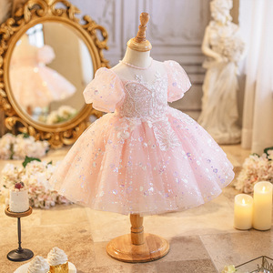 strapless open back dress Baby Pink Layered Net Party Gown with Floral Ruffle Hem For Girls – Lagorii  Kids main image 0
