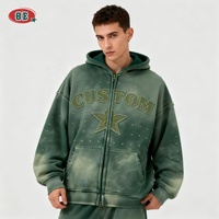 Hoodie Pria Ukuran Besar Bordir Custom Acid Wash Premium Streetwear Vintage Berhias Rhinestone Grosir OEM/ODM