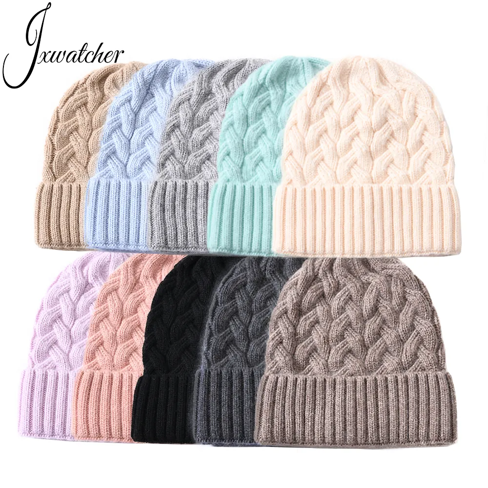 Wholesale Blank Sold Knitted Winter Hats Female Cuffed Ski Skully Custom Logo Women Cashmere Wool Knit Luxury Ribbed Beanie Cap