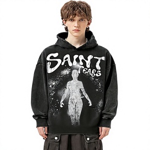 เสื้อฮู้ดพิมพ์ลาย Saint Tears สำหรับผู้ชาย ทรงโอเวอร์ไซส์ สีดำ ผ้าฝ้ายฟลีซ สวมหัว สไตล์สตรีทแวร์ ดีไซน์โลโก้ด้านหน้า ทรงปกติ สำหรับฤดูหนาว - Product Image 3