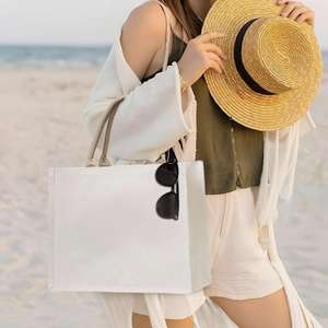 Sac fourre-tout en toile beige à poignée ronde - Sac réutilisable autoportant pour les courses, le travail et les sorties - Product Image 3