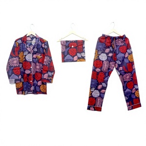 Conjunto de Pijama para Mujer, Estampado a Mano, 100% Algodón, Secado Rápido, Cuello en V, Manga Larga, Diseño Tradicional, Verano - Product Image 1