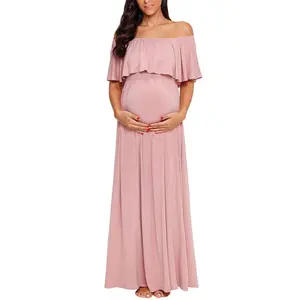 Gaun Maxi polos motif Floral musim panas mode 2023 gaun Maxi Flowy klasik kasual lembut elegan Ruffle mandi bayi hamil