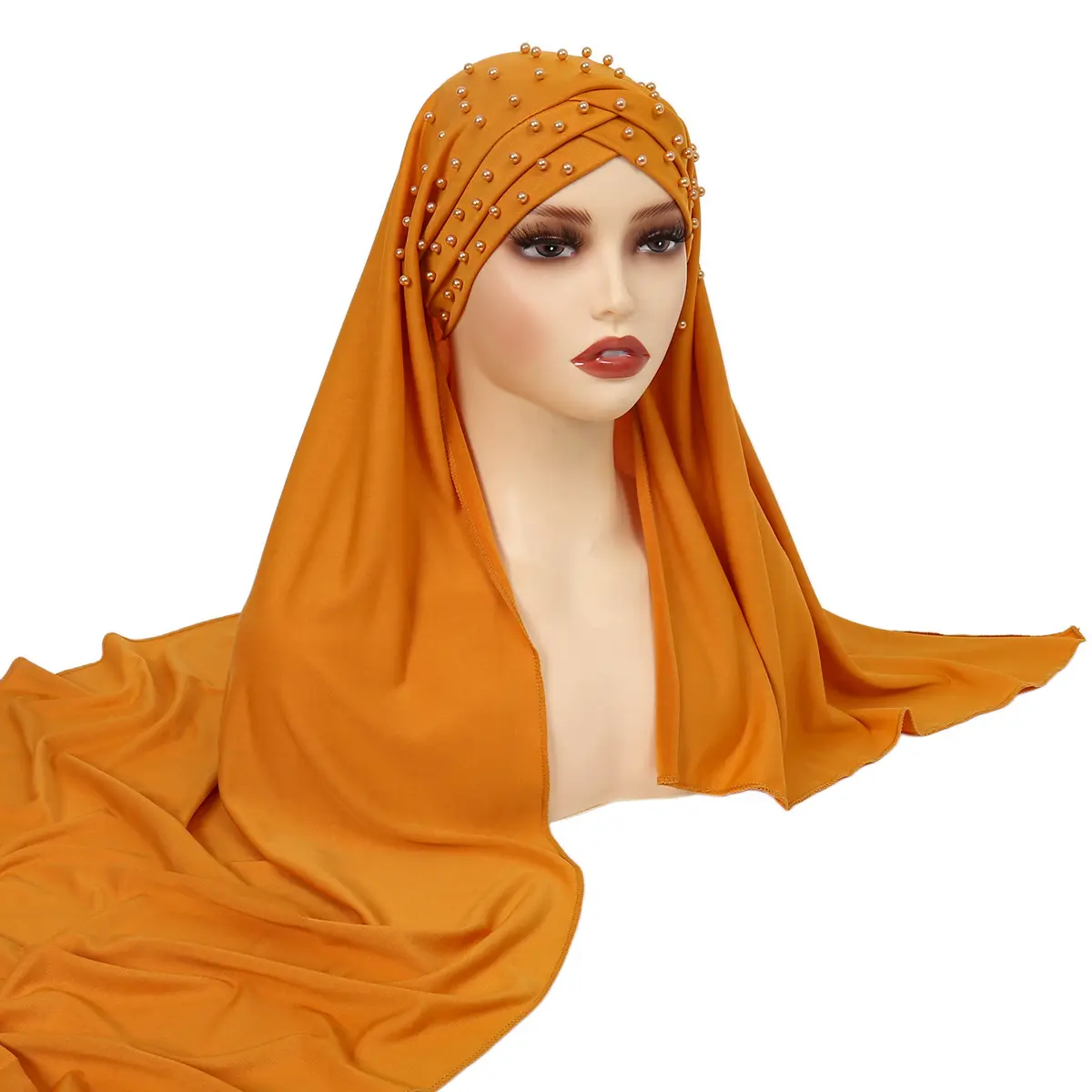 CCY toptan müslüman kadınlar anında şal hicap ile boncuk yumuşak Dubai eşarp alın çapraz bayanlar türban başörtüsü