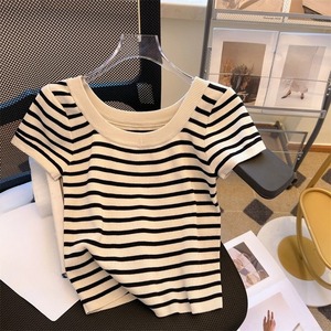 Camiseta de Manga Corta a Rayas Tejida a Mano Estilo Vintage <span class=keywords><strong>para</strong></span> Mujer, <span class=keywords><strong>Verano</strong></span> 2026, Nueva, Popular, de Alta Gama - Product Image 4