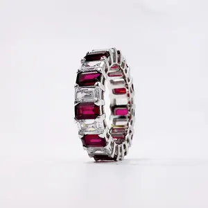 The new 925 silver ring emerald cut ruby ring rectangular row ring is sold directly by female manufacturers