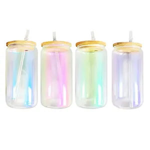 Magazzino Usa 16Oz colorato olografico personalizzabile iridescente bottiglie d'acqua Shimmer birra vetro può a forma di Bling coperchio in plastica