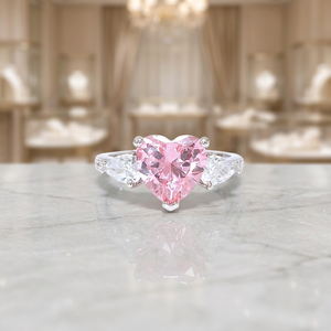 Classic Fashion LAVINA BR33755PK Pink LOVE Heart Shape CZ Rhodium Plated <b>Brass</b> Unisex Engagement <b>Ring</b> - Product Image 2
