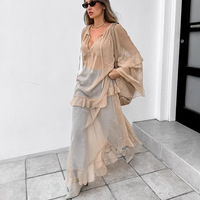 À la mode robe en mousseline de soie transparente ensemble femmes ample fluide à manches longues col en V profond couches Maxi robe pour l'été décontracté Streetwear