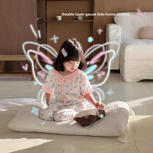 סט חצאית גזה מודפסת עם הדפס מצויר, בגדי בית לילדים, סט מכנסיים קצרים לילדות לקיץ, סופגי לחות - Product Image 3