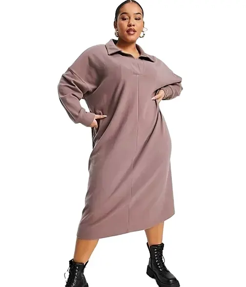 2022 di alta qualità Plus Size Super morbido manica lunga Polo Midi maglione vestito In Taupe