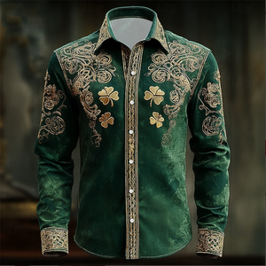 <span class=keywords><strong>Chemise</strong></span> décontractée pour <span class=keywords><strong>homme</strong></span> à manches longues, à simple boutonnage, à motif floral, avec motif trèfle 3D doré islamique en tricot, haut de <span class=keywords><strong>luxe</strong></span> tendance, <span class=keywords><strong>chemise</strong></span> de conception modeste - Product Image 3