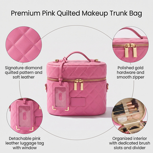 Sac de toilette en cuir matelassé LZ Factory, trousse de maquillage, pochette de voyage cosmétique, organiseur pour femmes, étiquette de bagage détachable, boîte rose - Product Image 5