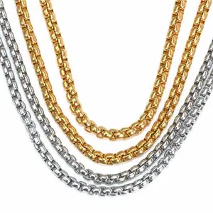 Cheap Wholesale Men Round Box Chain 18k Gold Plated Stainless Steel Link Chain Square Pearl Chain for Necklace