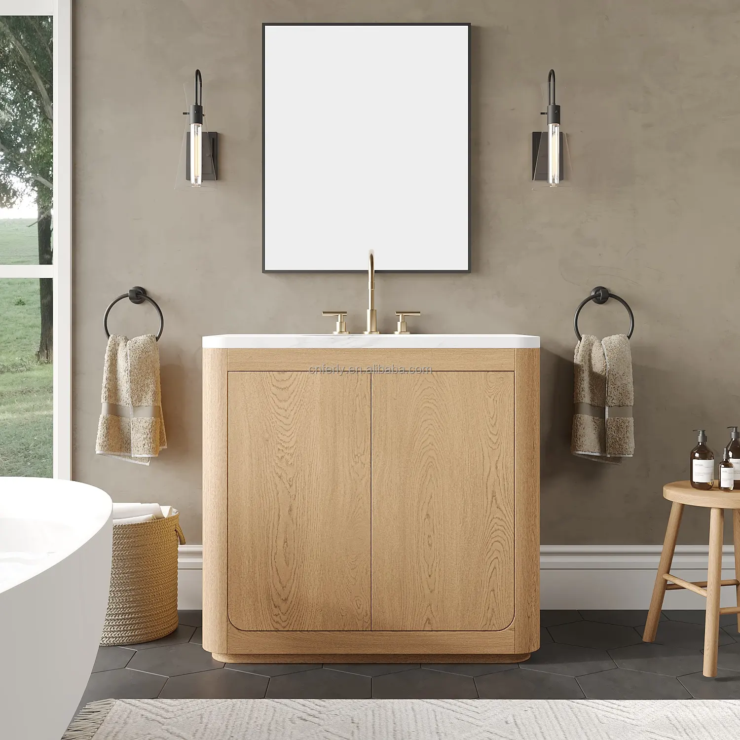 FERLY Vanity kamar mandi, gaya Amerika Modern kayu padat meja rias ganda wastafel ganda untuk kamar mandi Hotel