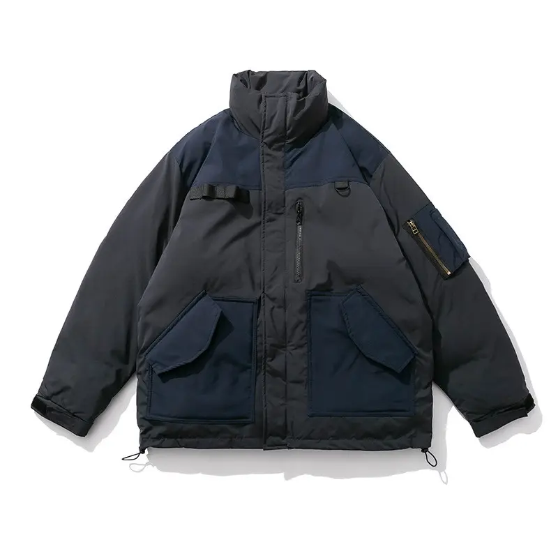 Custom Cotton Coat For Men's Winter Stand-up Collar Contrast Color Pocket Tooling Warm Unisex Cotton Coat