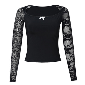 Chemisier sexy américain en <span class=keywords><strong>dentelle</strong></span> à col carré et <span class=keywords><strong>manches</strong></span> <span class=keywords><strong>longues</strong></span> pour femme, t-<span class=keywords><strong>shirt</strong></span> ajusté avec nœud papillon blanc pour le quotidien – Vente en gros - Product Image 5