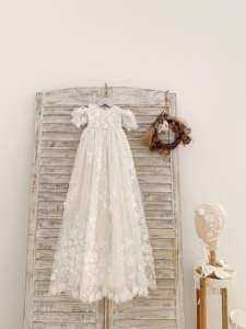 Manches courtes <span class=keywords><strong>blanc</strong></span> ivoire dentelle robe de baptême longue robe de baptême robe bébé fille robe de baptême tenue de baptême - Product Image 2