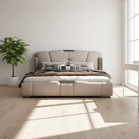 Tempat Tidur King Queen Full Size dengan Rangka Besi Kayu Oak, Pelapis Kulit, Hemat Ruang, Mewah Modern, Buatan Pabrik Cina
