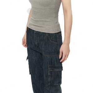 กางเกงยีนส์ทรงขาบานผ้าฝ้าย 100% ขายส่ง กางเกงทรงหลวมสำหรับผู้หญิง กางเกงคาร์โก้หลายกระเป๋า กางเกงยีนส์ผู้หญิง - Product Image 4