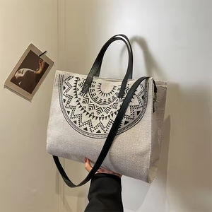 Sac fourre-tout en toile de grande capacité de style ethnique pour femmes, sac à main féminin tendance avec décoration en nœud, sac à fermeture éclair tendance - Product Image 4