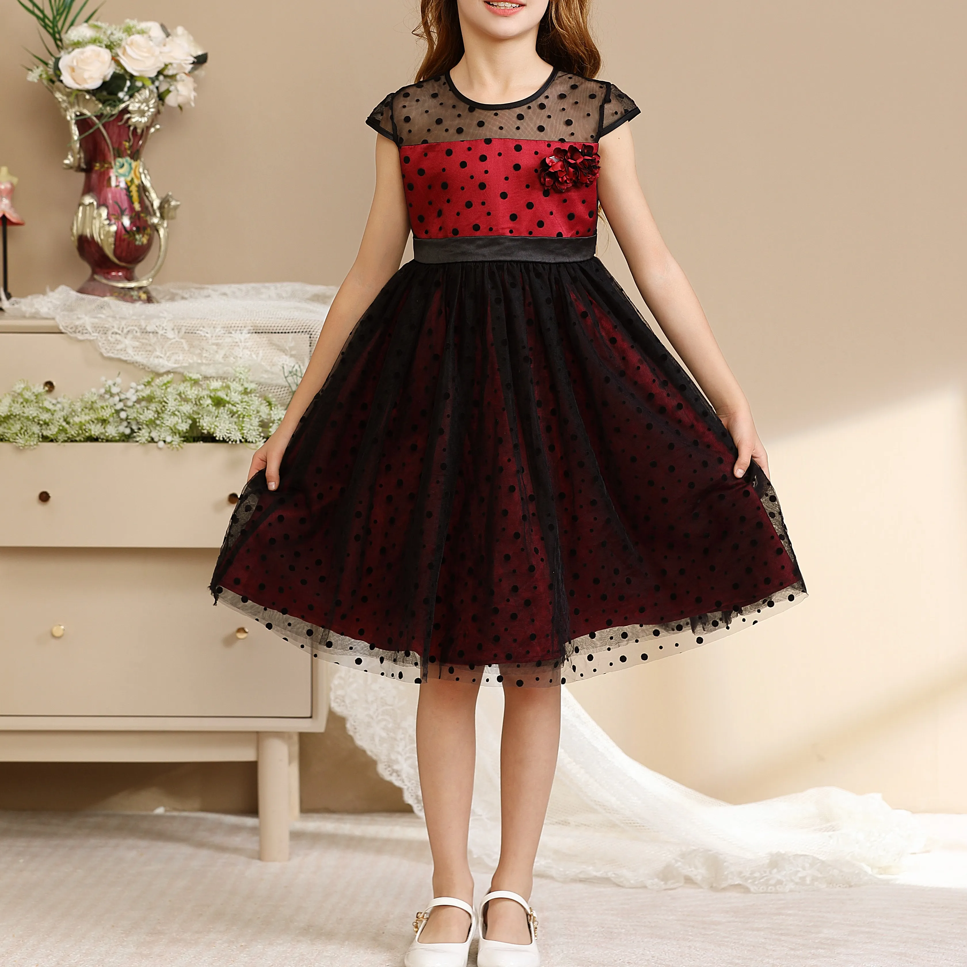 Manufacturer Custom Clothing Children Black Polka Dot Mesh Red Dress Princess Dress For Girl Luxury Kids Party Dress Wedding