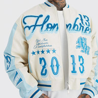 Chaqueta Varsity Azul Crema Personalizada para Hombre, Parches Bordados en Chenilla, Bloques de Color, Estilo Bomber, Fabricante de Ropa con Etiqueta Privada OEM ODM