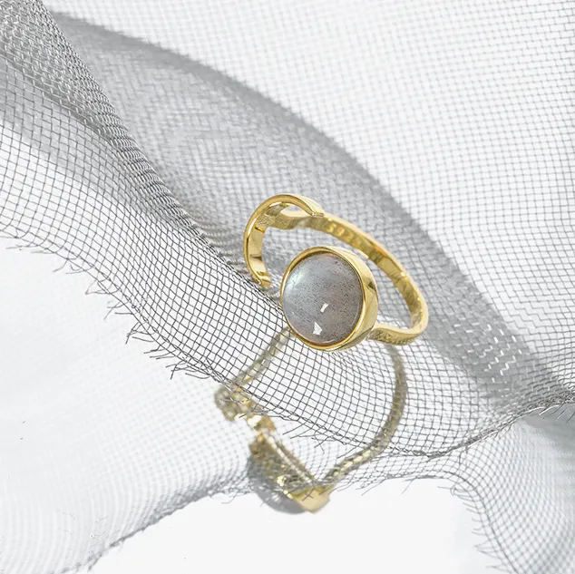 VIANRLA Open Adjustable Natural Labradorite Stone Ring 925 Sterling Silver Gemstone Ring