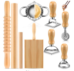Ensemble de 9 pièces de boulettes italiennes Ensemble d'outils pour la fabrication de pâtes comprenant un coupe-pâtes en bois Grattoir à pâte Rouleau à pâtisserie Séchoir à pâtes - Product Image 1