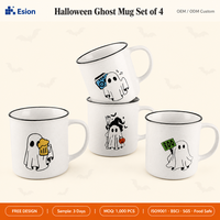 Ensemble de 4 tasses en céramique fantôme d'Halloween |   Tasses à café en grès moucheté avec logo personnalisé |   Commande en gros de cadeaux d'Halloween OEM/ODM