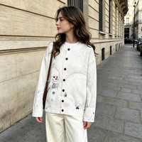 Cardigan en tricot personnalisé avec imprimé bonhomme de neige de Noël pour femmes, fabrication OEM ODM, col rond surdimensionné, manches longues, vente en gros