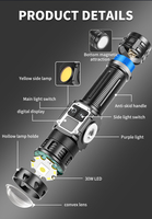 Lampe LED extérieure 30W à double interrupteur, lampe torche magnétique COB RGB XPG, lampe violette zoomable, lampe de camping, lampe de travail, lampe de secours, USB Type-C