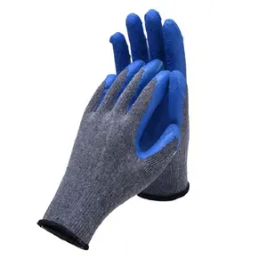 热销优质灰色棉壳蓝色乳胶涂层皱纹工作手套