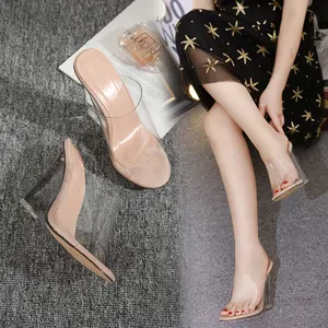 New arrival sexy Design girls Transparent Crystal Wedge High Heel slippers round Toe sexy Ladies shoes high heel sandals mules