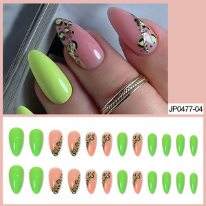 <span class=keywords><strong>Uñas</strong></span> Postizas de Verano con Diseño de Leopardo <span class=keywords><strong>Verde</strong></span> Neón, Base Nude y Decoración de Cadena Dorada, Suministro de Fábrica, Venta al Por Mayor - Product Image 1