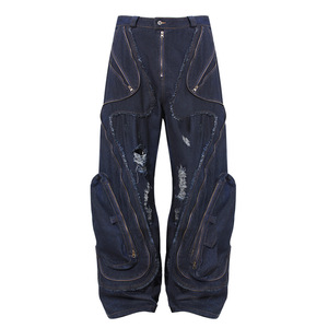 Hot Selling New Fashion Streetwear Sexy Reiß verschluss Cargo Pants <span class=keywords><strong>Blue</strong></span> Jeans <span class=keywords><strong>Denim</strong></span> Ripped Jeans Hosen für Frauen