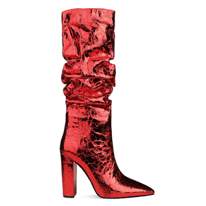 Moda occidentale punta punta scarpe da <span class=keywords><strong>donna</strong></span> Sexy inverno Slouch <span class=keywords><strong>stivali</strong></span> grossi tacchi alti al ginocchio rosso metallizzato <span class=keywords><strong>donna</strong></span> - Product Image 2